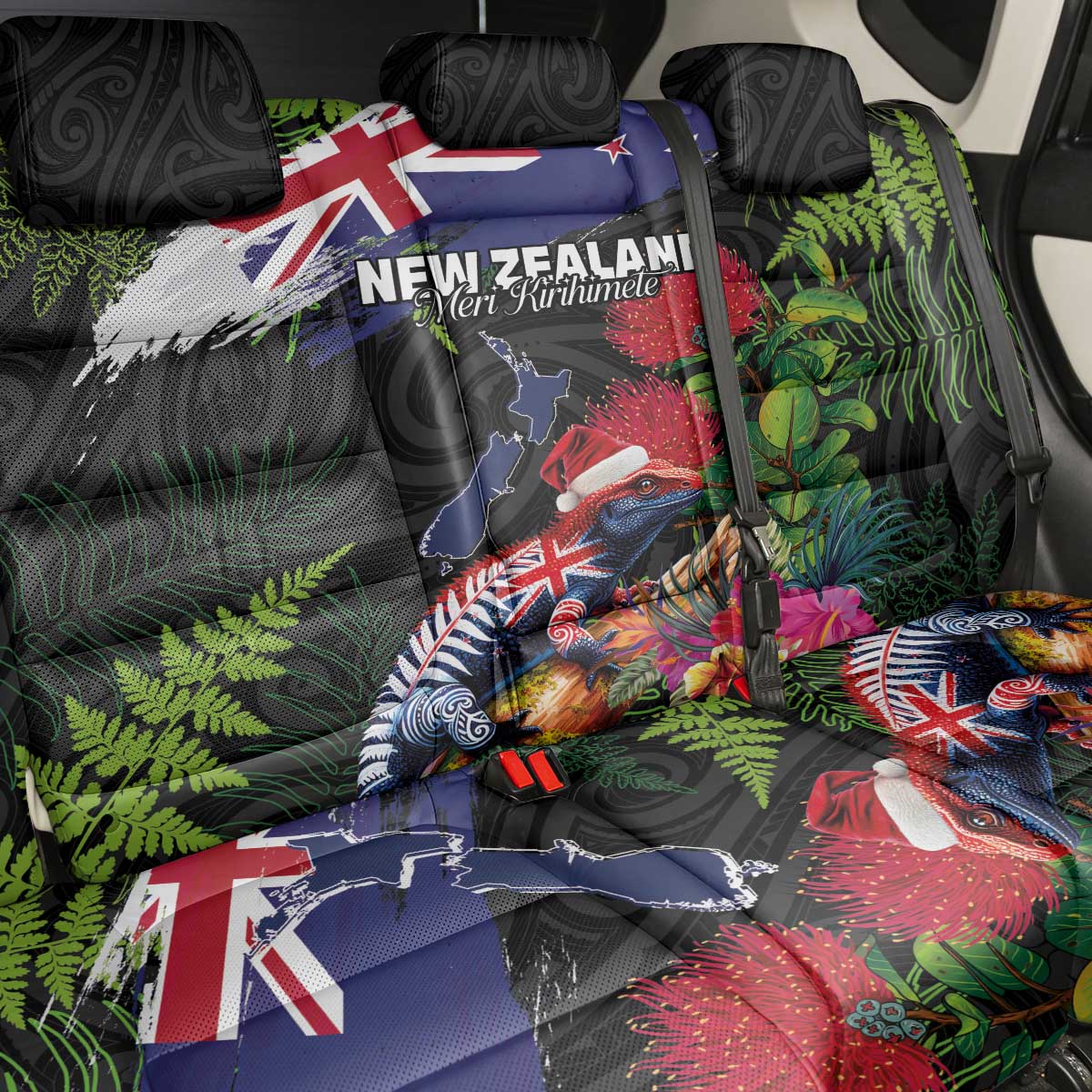 New Zealand Christmas Back Car Seat Cover Meri Kirihimete-Tuatara and Pohutukawa Black Color