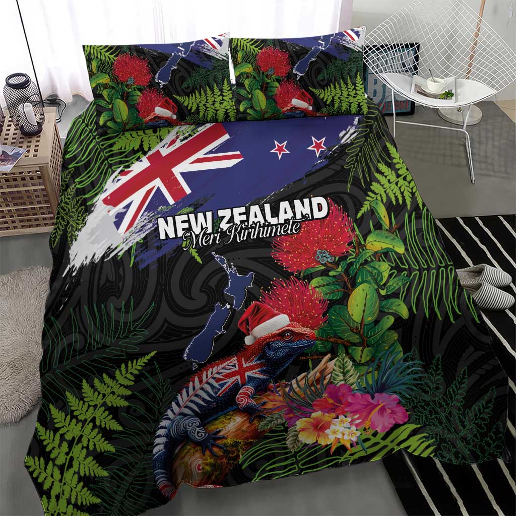New Zealand Christmas Bedding Set Meri Kirihimete-Tuatara and Pohutukawa Black Color