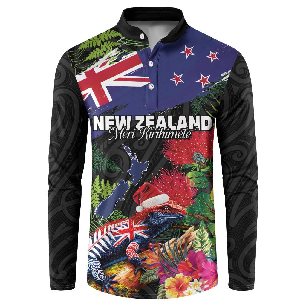 New Zealand Christmas Button Sweatshirt Meri Kirihimete-Tuatara and Pohutukawa Black Color