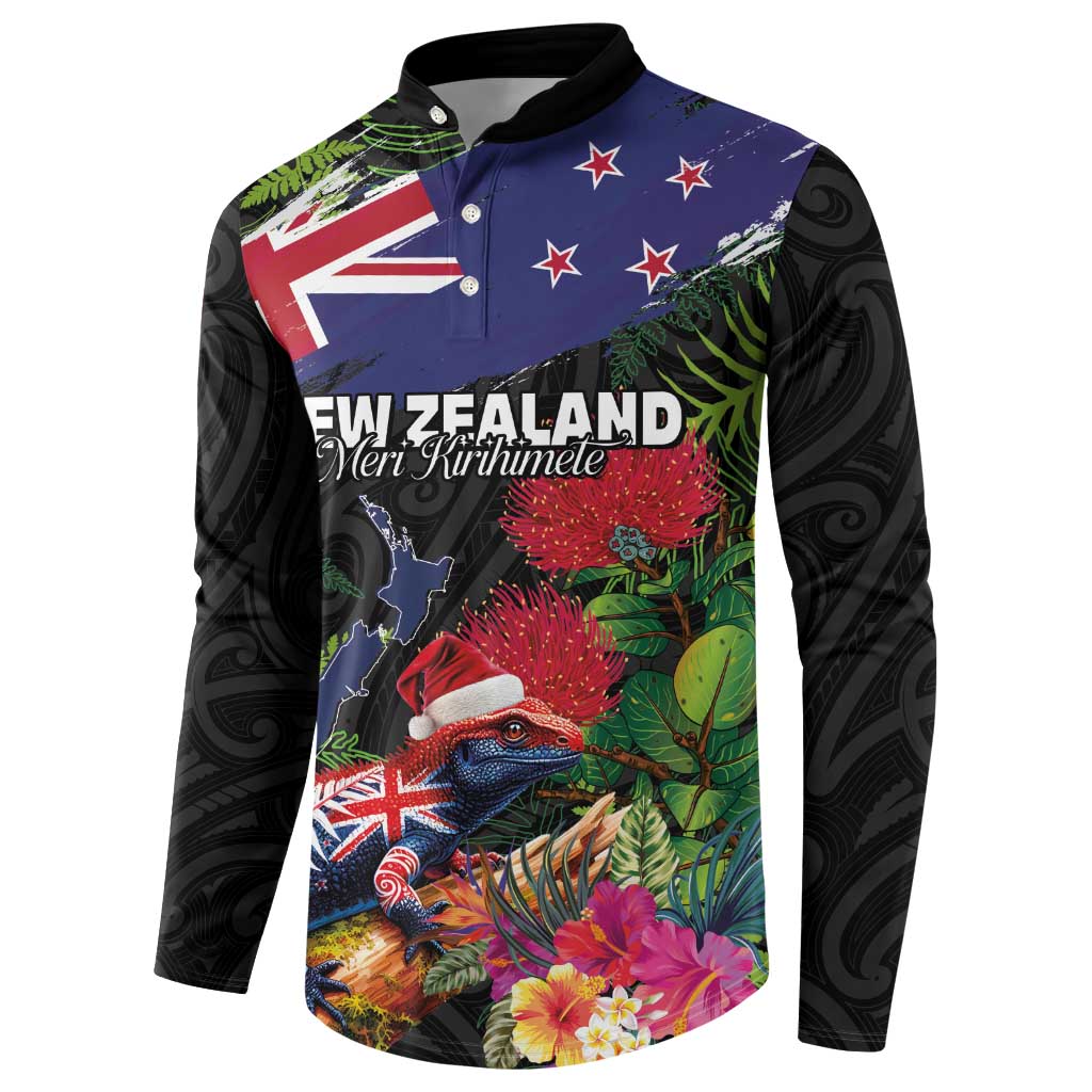 New Zealand Christmas Button Sweatshirt Meri Kirihimete-Tuatara and Pohutukawa Black Color