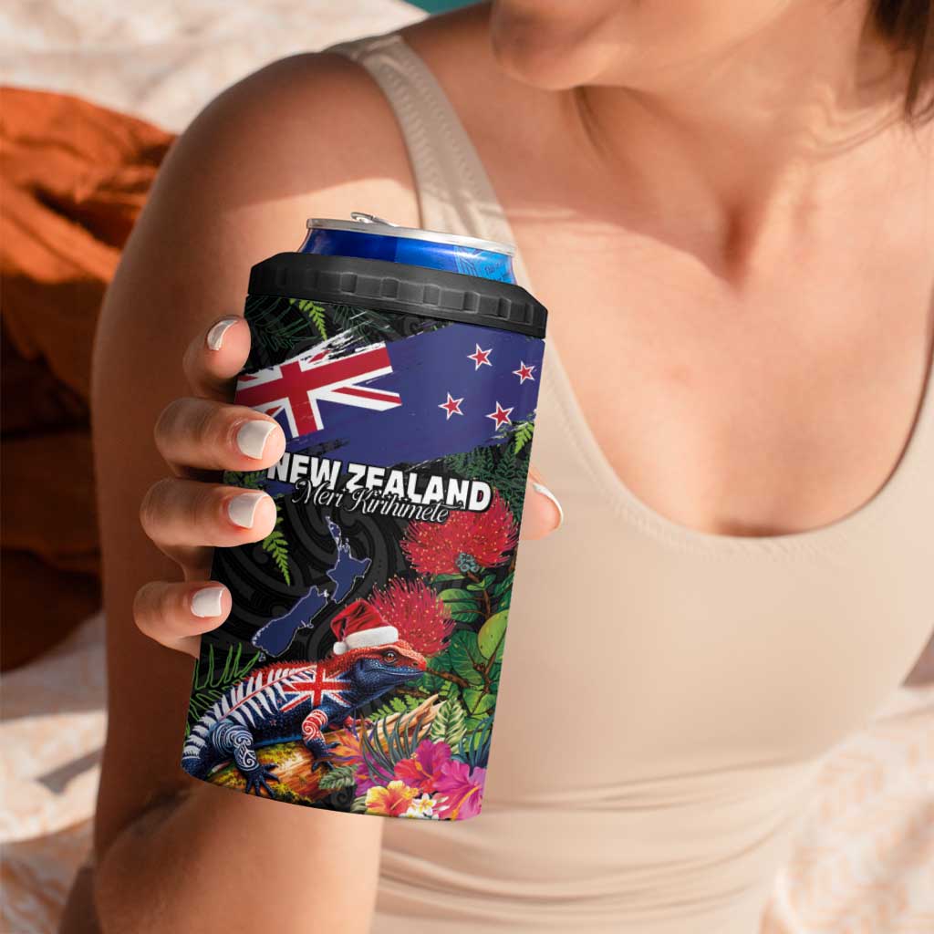 New Zealand Christmas 4 in 1 Can Cooler Tumbler Meri Kirihimete-Tuatara and Pohutukawa Black Color