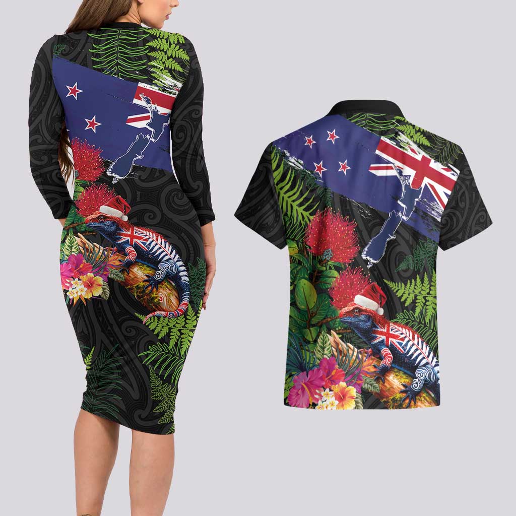 New Zealand Christmas Couples Matching Long Sleeve Bodycon Dress and Hawaiian Shirt Meri Kirihimete-Tuatara and Pohutukawa Black Color