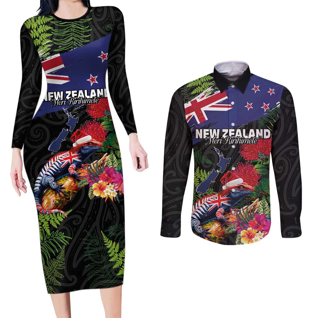 New Zealand Christmas Couples Matching Long Sleeve Bodycon Dress and Long Sleeve Button Shirt Meri Kirihimete-Tuatara and Pohutukawa Black Color