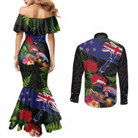 New Zealand Christmas Couples Matching Mermaid Dress and Long Sleeve Button Shirt Meri Kirihimete-Tuatara and Pohutukawa Black Color