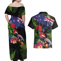New Zealand Christmas Couples Matching Off Shoulder Maxi Dress and Hawaiian Shirt Meri Kirihimete-Tuatara and Pohutukawa Black Color