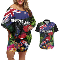New Zealand Christmas Couples Matching Off Shoulder Short Dress and Hawaiian Shirt Meri Kirihimete-Tuatara and Pohutukawa Black Color