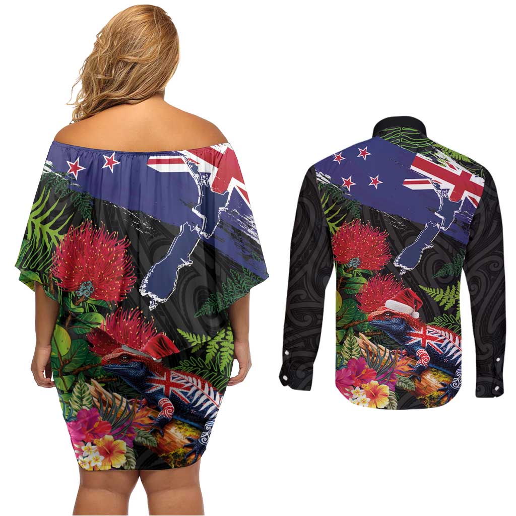 New Zealand Christmas Couples Matching Off Shoulder Short Dress and Long Sleeve Button Shirt Meri Kirihimete-Tuatara and Pohutukawa Black Color