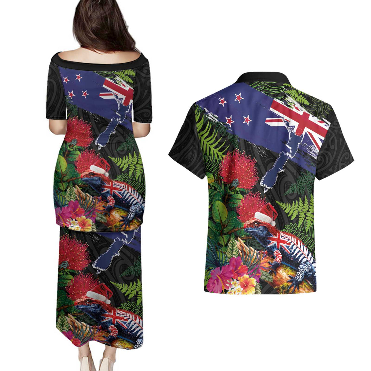 New Zealand Christmas Couples Matching Puletasi and Hawaiian Shirt Meri Kirihimete-Tuatara and Pohutukawa Black Color