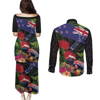 New Zealand Christmas Couples Matching Puletasi and Long Sleeve Button Shirt Meri Kirihimete-Tuatara and Pohutukawa Black Color