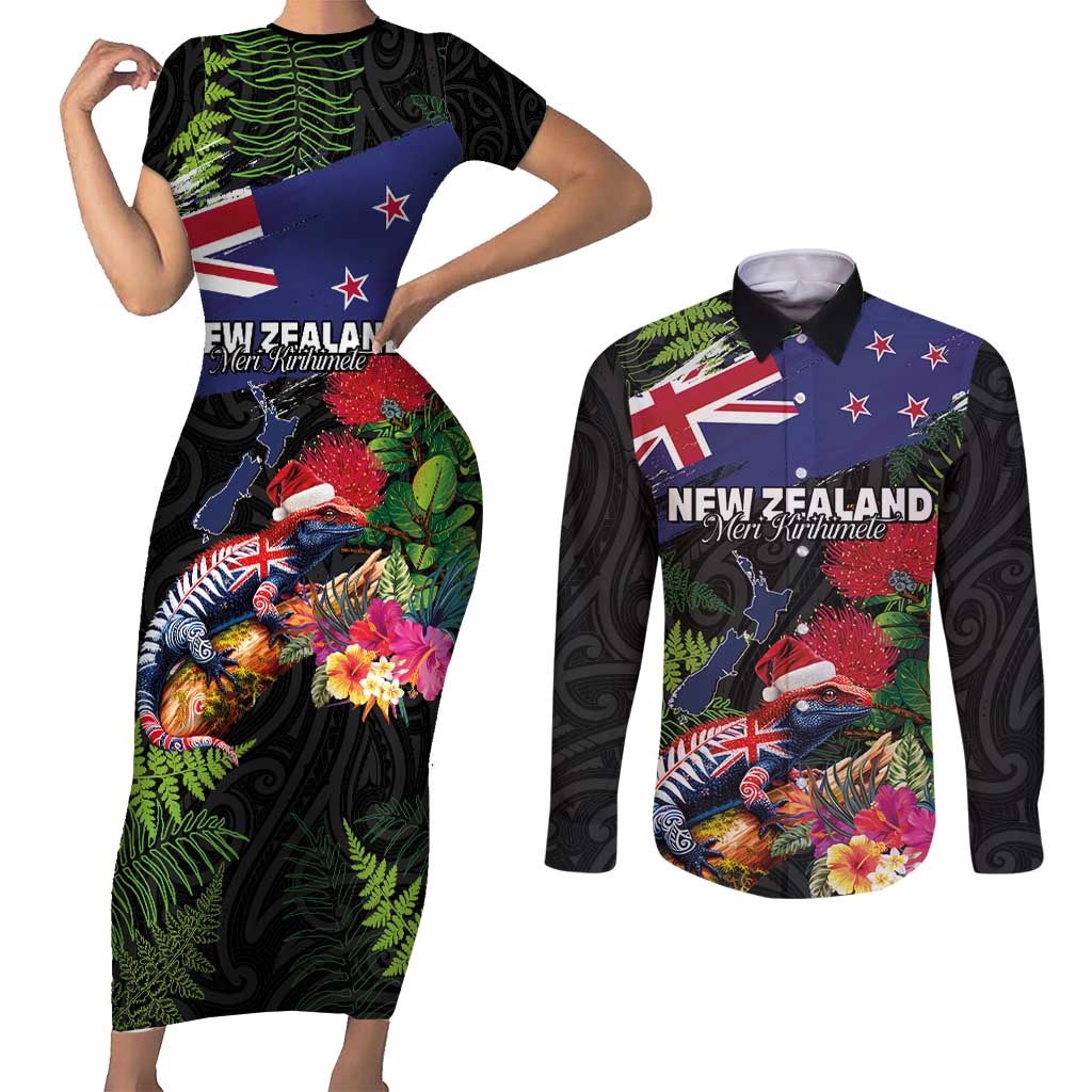 New Zealand Christmas Couples Matching Short Sleeve Bodycon Dress and Long Sleeve Button Shirt Meri Kirihimete-Tuatara and Pohutukawa Black Color