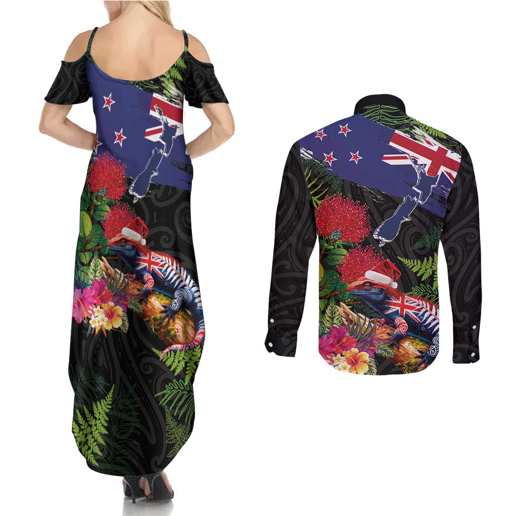 New Zealand Christmas Couples Matching Summer Maxi Dress and Long Sleeve Button Shirt Meri Kirihimete-Tuatara and Pohutukawa Black Color