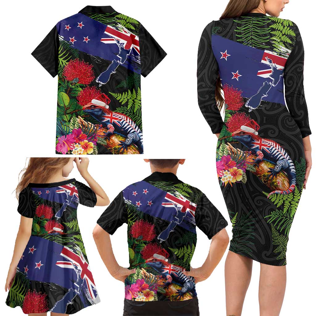 New Zealand Christmas Family Matching Long Sleeve Bodycon Dress and Hawaiian Shirt Meri Kirihimete-Tuatara and Pohutukawa Black Color