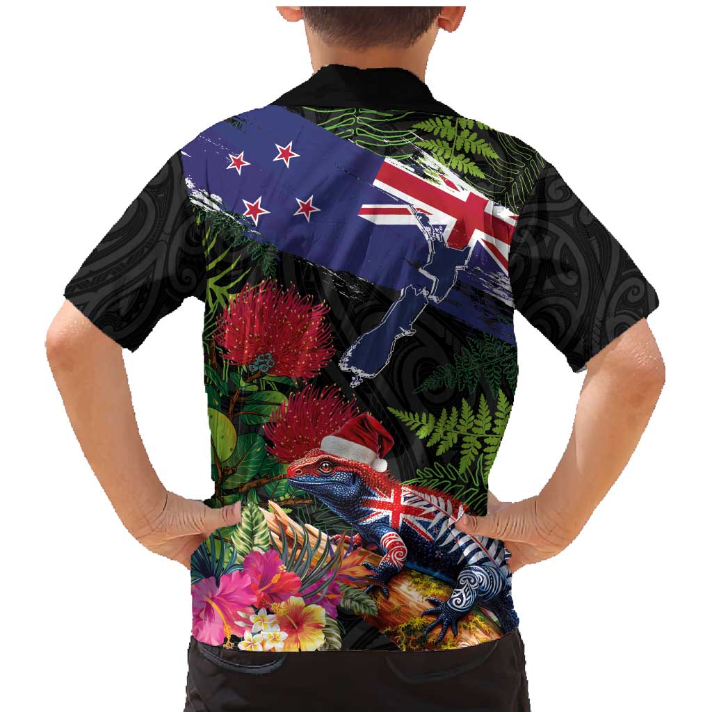 New Zealand Christmas Family Matching Mermaid Dress and Hawaiian Shirt Meri Kirihimete-Tuatara and Pohutukawa Black Color