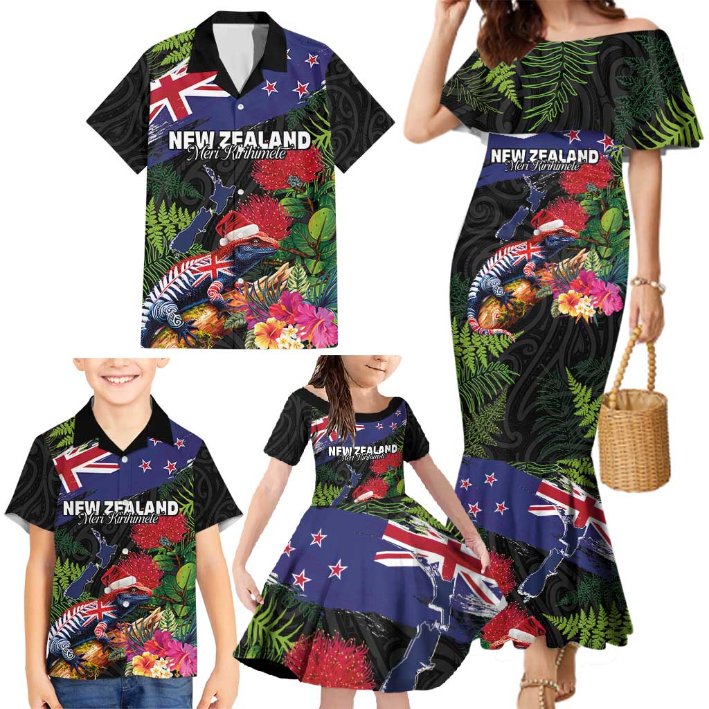 New Zealand Christmas Family Matching Mermaid Dress and Hawaiian Shirt Meri Kirihimete-Tuatara and Pohutukawa Black Color