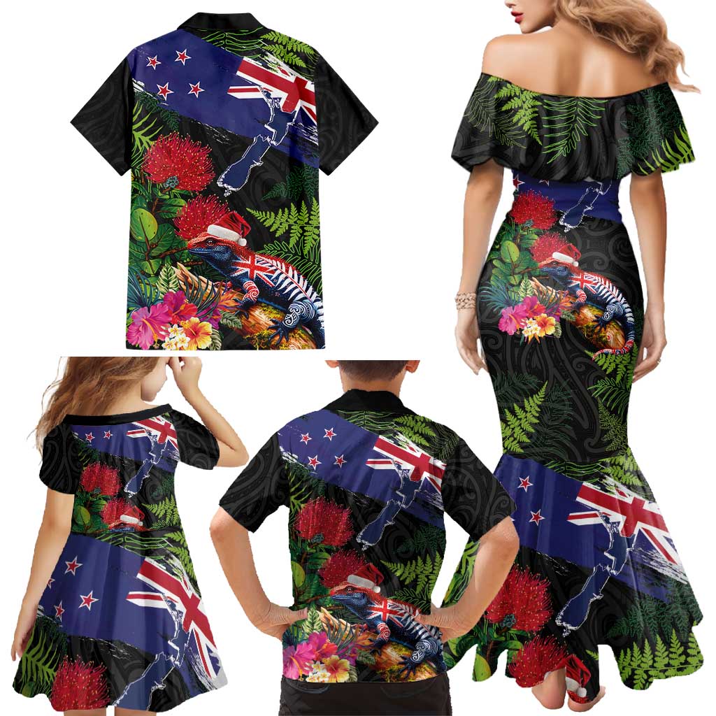 New Zealand Christmas Family Matching Mermaid Dress and Hawaiian Shirt Meri Kirihimete-Tuatara and Pohutukawa Black Color