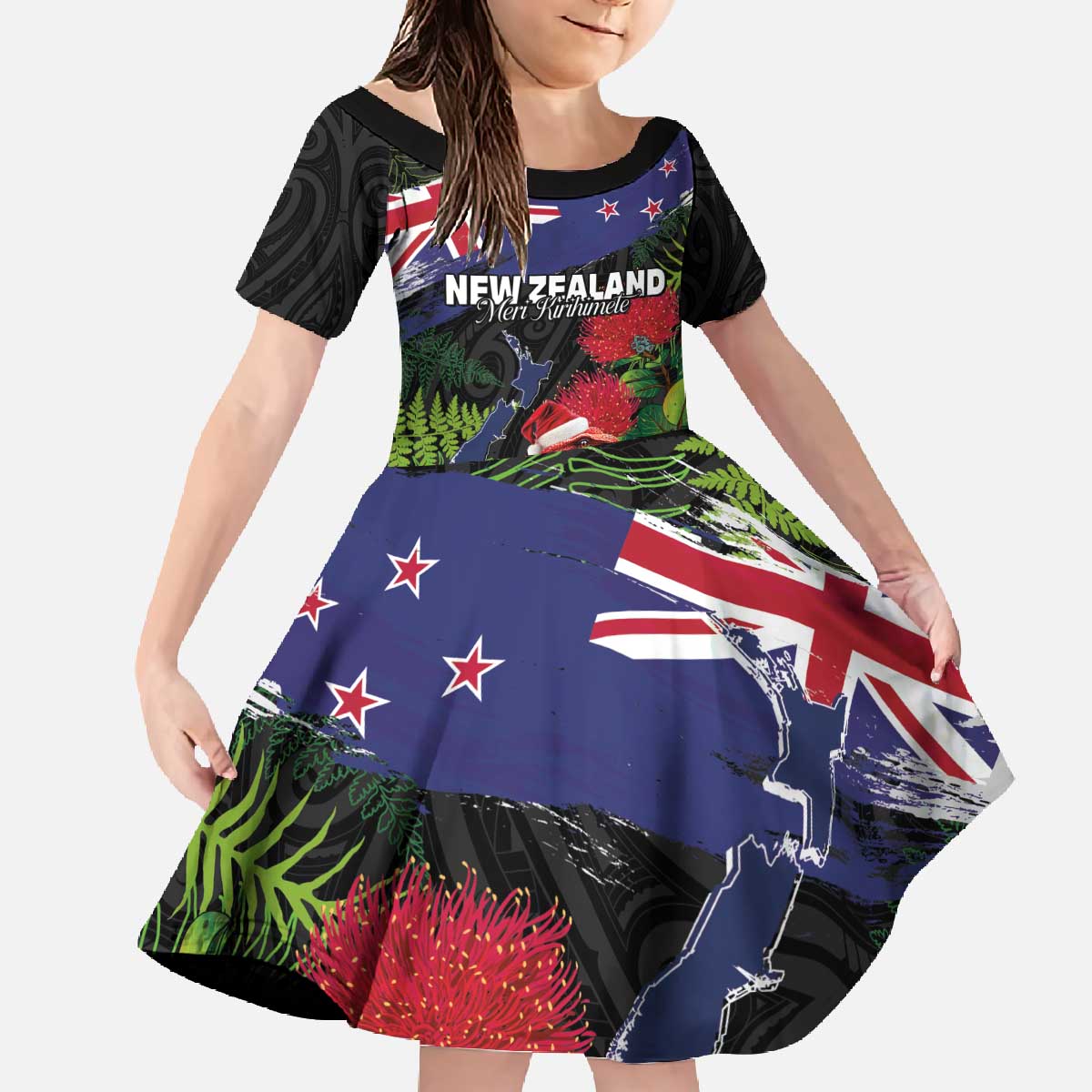 New Zealand Christmas Family Matching Off The Shoulder Long Sleeve Dress and Hawaiian Shirt Meri Kirihimete-Tuatara and Pohutukawa Black Color