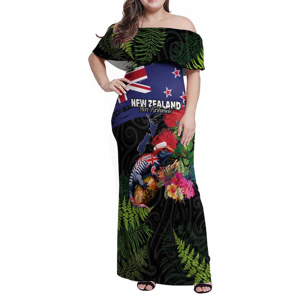 New Zealand Christmas Family Matching Off Shoulder Maxi Dress and Hawaiian Shirt Meri Kirihimete-Tuatara and Pohutukawa Black Color