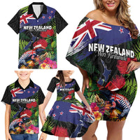 New Zealand Christmas Family Matching Off Shoulder Short Dress and Hawaiian Shirt Meri Kirihimete-Tuatara and Pohutukawa Black Color