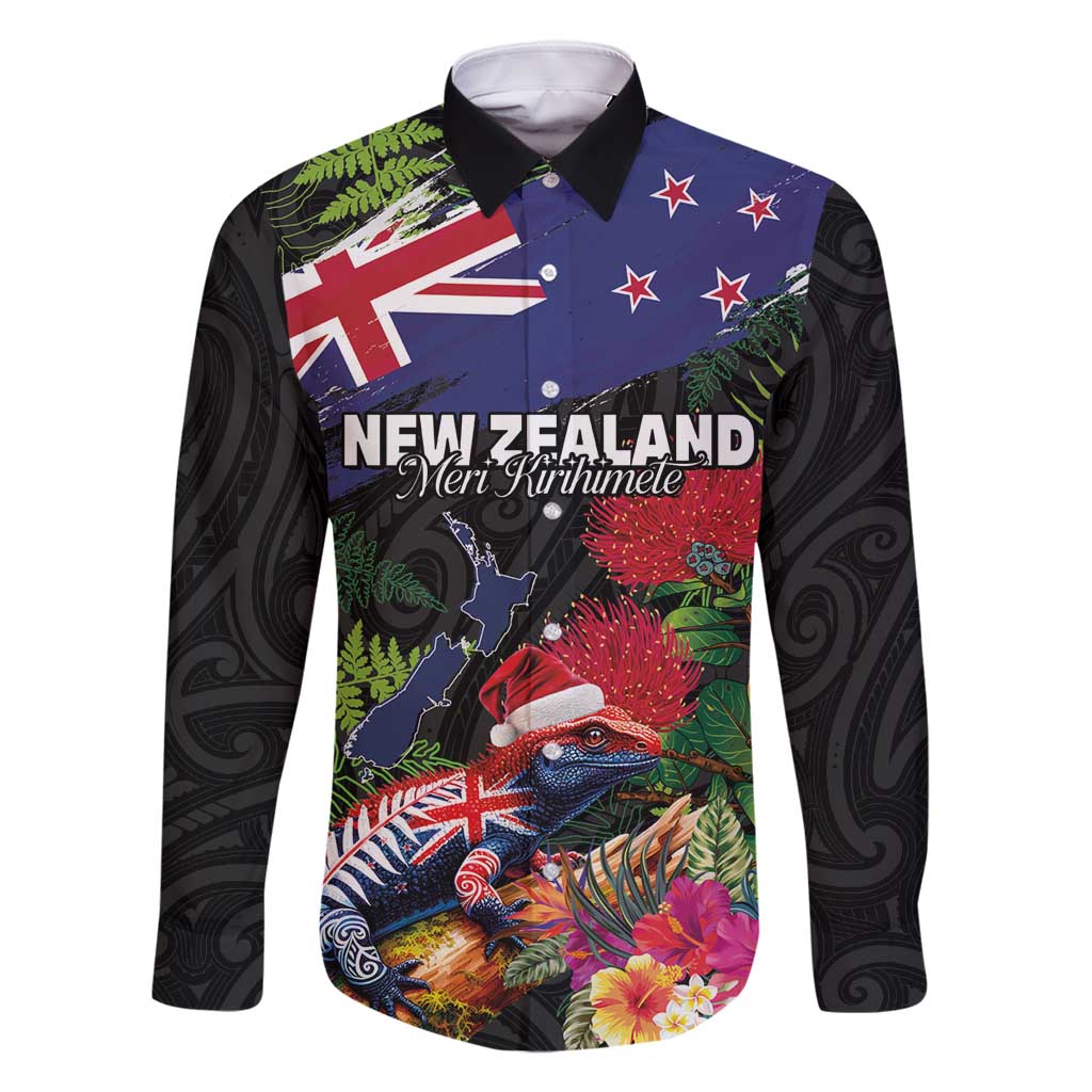 New Zealand Christmas Family Matching Off Shoulder Short Dress and Hawaiian Shirt Meri Kirihimete-Tuatara and Pohutukawa Black Color