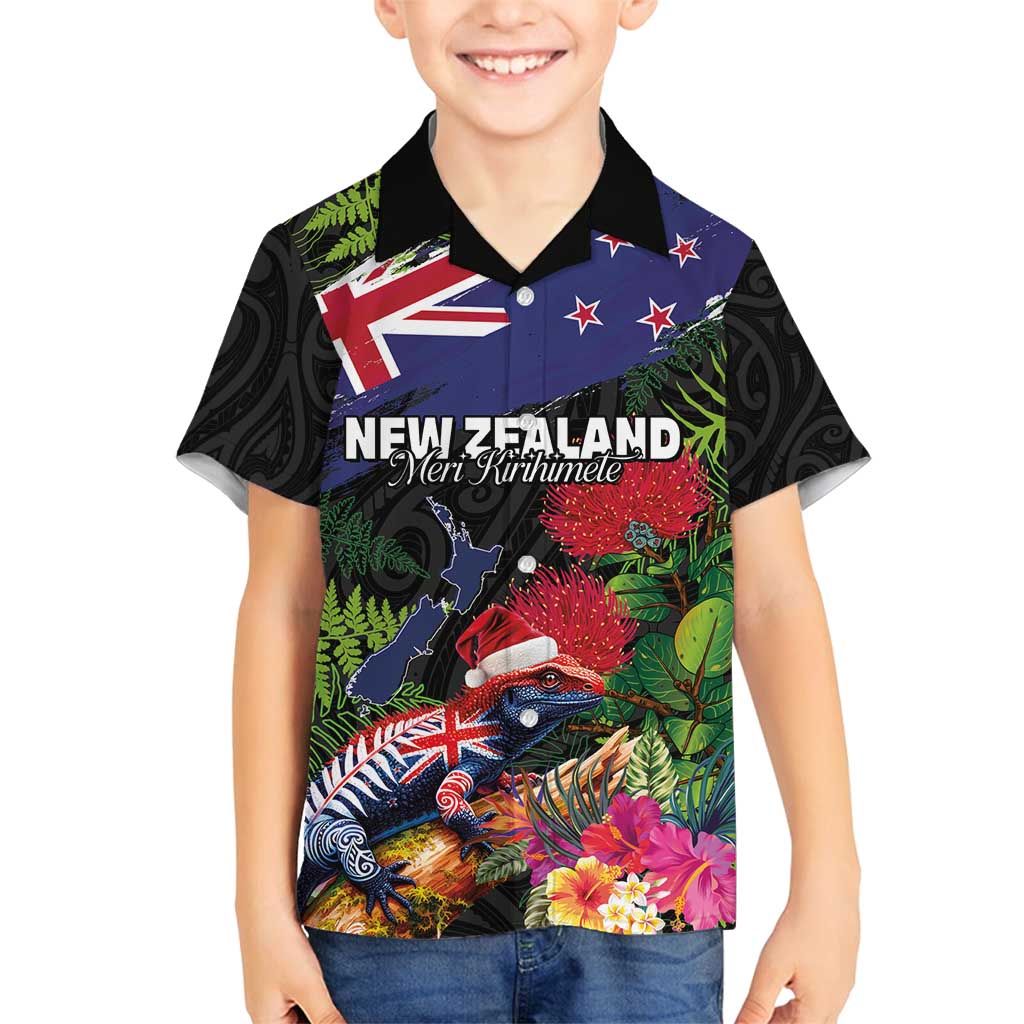 New Zealand Christmas Family Matching Off Shoulder Short Dress and Hawaiian Shirt Meri Kirihimete-Tuatara and Pohutukawa Black Color