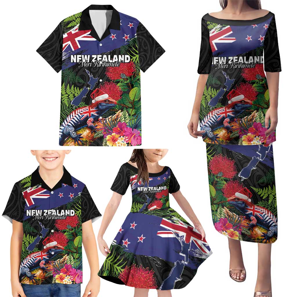 New Zealand Christmas Family Matching Puletasi and Hawaiian Shirt Meri Kirihimete-Tuatara and Pohutukawa Black Color