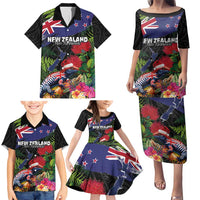New Zealand Christmas Family Matching Puletasi and Hawaiian Shirt Meri Kirihimete-Tuatara and Pohutukawa Black Color