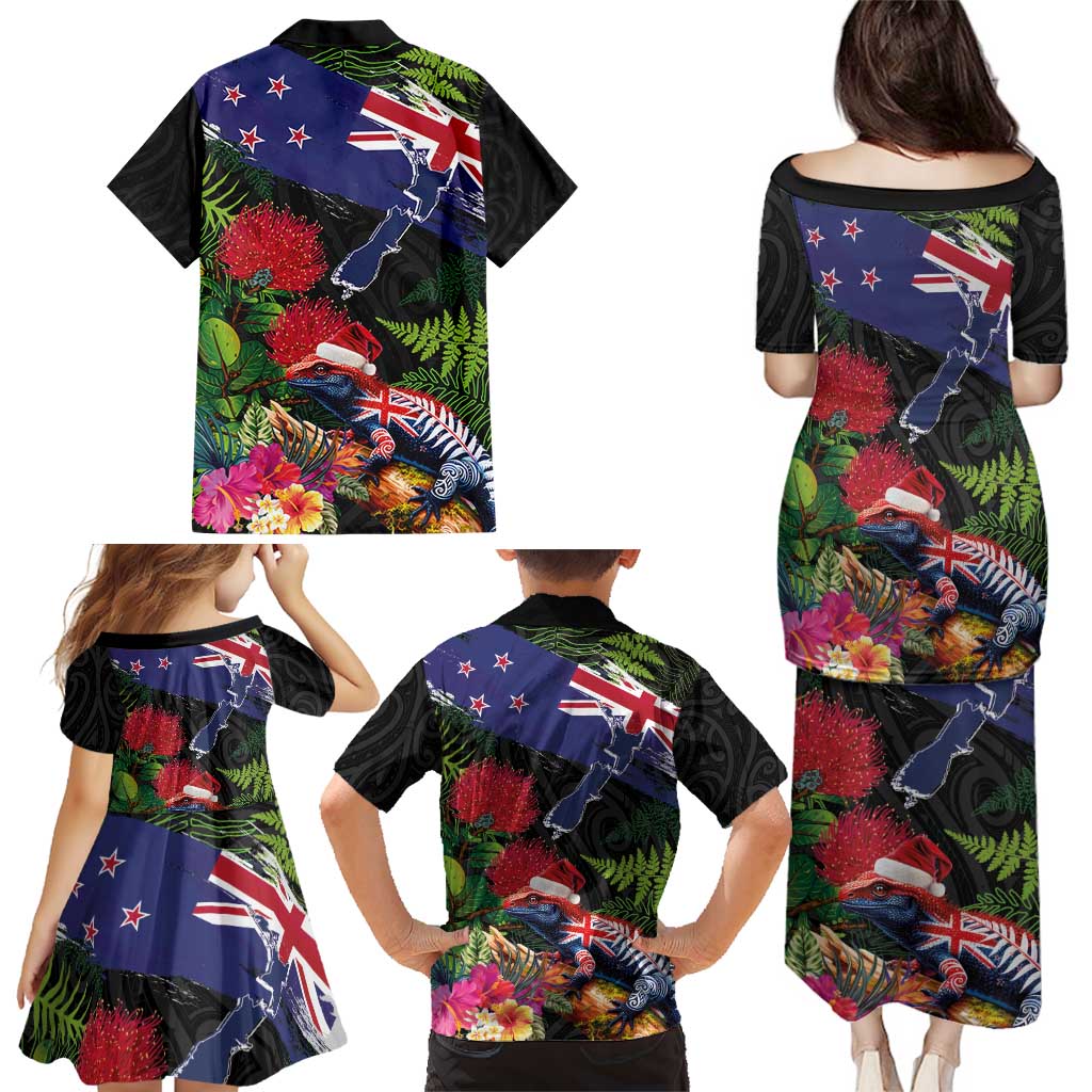 New Zealand Christmas Family Matching Puletasi and Hawaiian Shirt Meri Kirihimete-Tuatara and Pohutukawa Black Color
