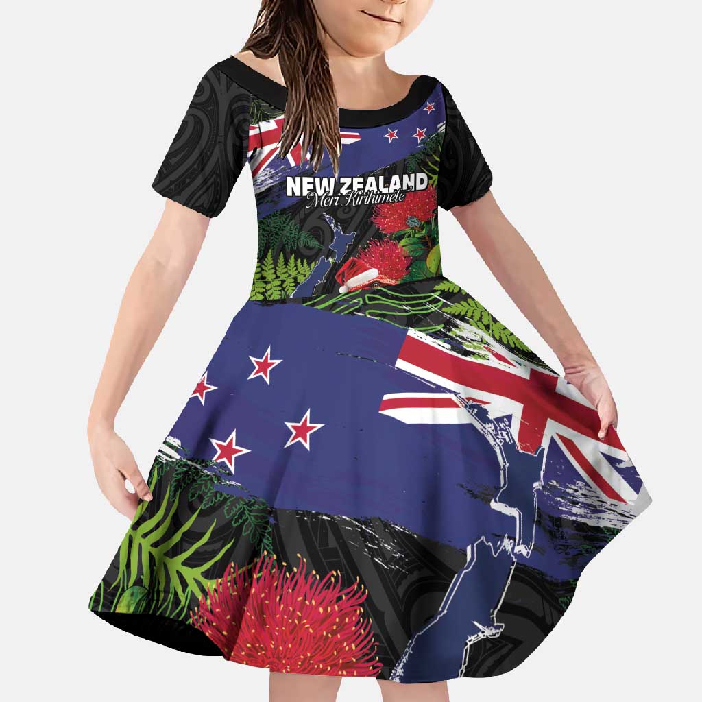 New Zealand Christmas Family Matching Short Sleeve Bodycon Dress and Hawaiian Shirt Meri Kirihimete-Tuatara and Pohutukawa Black Color