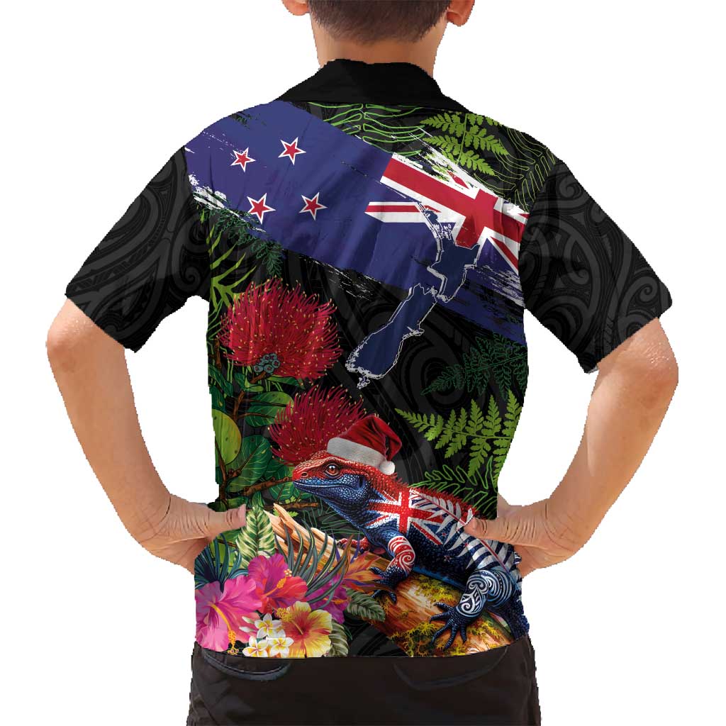 New Zealand Christmas Family Matching Summer Maxi Dress and Hawaiian Shirt Meri Kirihimete-Tuatara and Pohutukawa Black Color