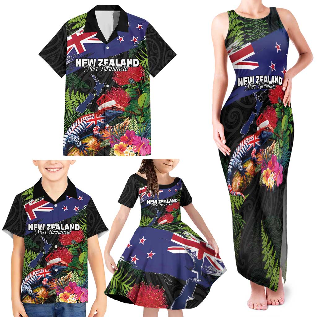 New Zealand Christmas Family Matching Tank Maxi Dress and Hawaiian Shirt Meri Kirihimete-Tuatara and Pohutukawa Black Color