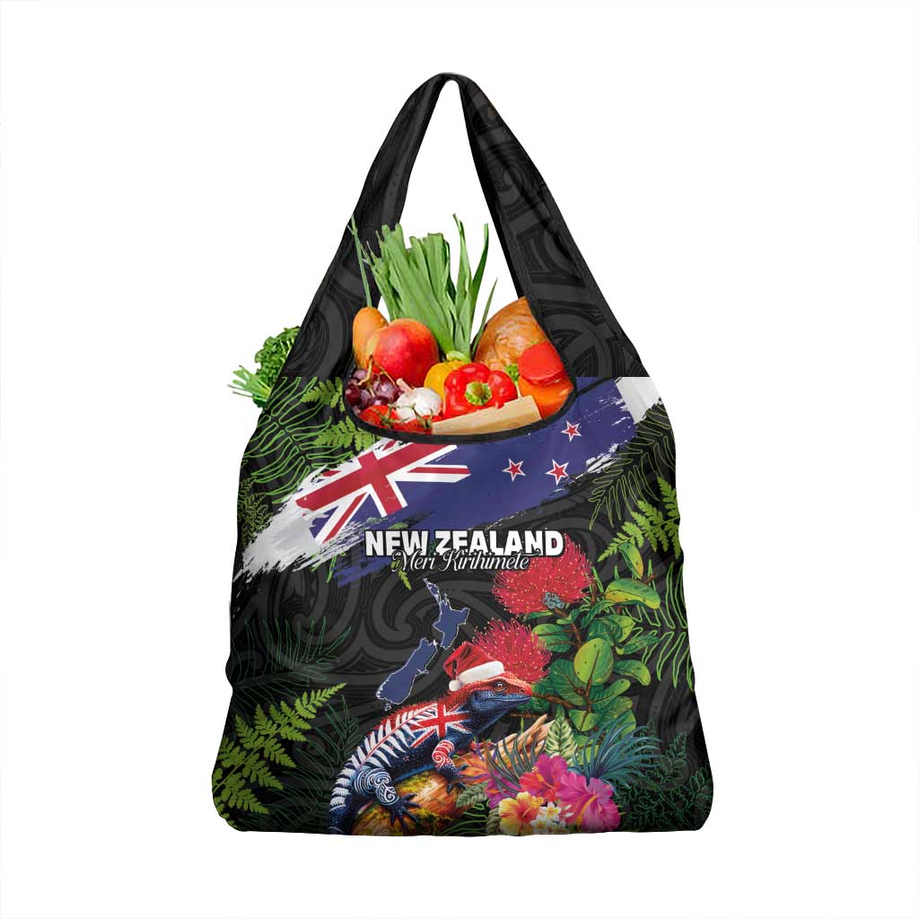 New Zealand Christmas Grocery Bag Meri Kirihimete-Tuatara and Pohutukawa Black Color