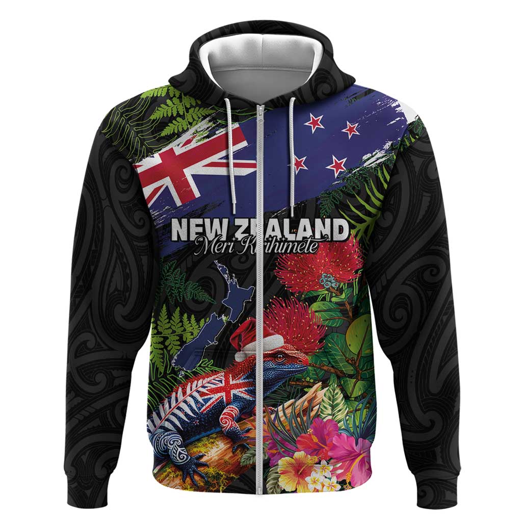 New Zealand Christmas Hoodie Meri Kirihimete-Tuatara and Pohutukawa Black Color