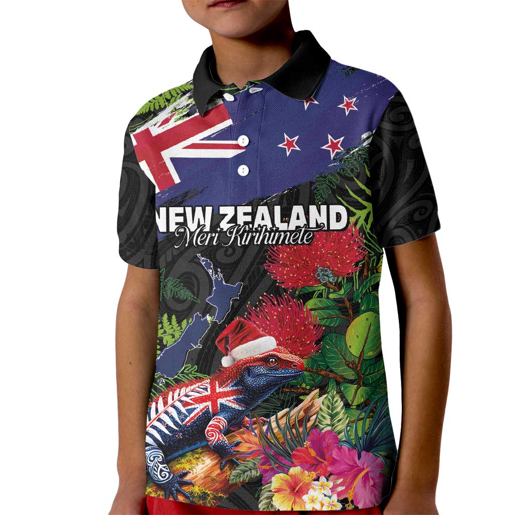New Zealand Christmas Kid Polo Shirt Meri Kirihimete-Tuatara and Pohutukawa Black Color