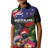 New Zealand Christmas Kid Polo Shirt Meri Kirihimete-Tuatara and Pohutukawa Black Color