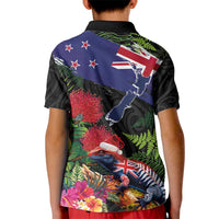 New Zealand Christmas Kid Polo Shirt Meri Kirihimete-Tuatara and Pohutukawa Black Color