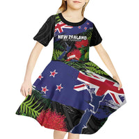 New Zealand Christmas Kid Short Sleeve Dress Meri Kirihimete-Tuatara and Pohutukawa Black Color