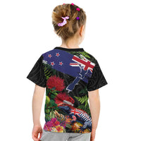 New Zealand Christmas Kid T Shirt Meri Kirihimete-Tuatara and Pohutukawa Black Color