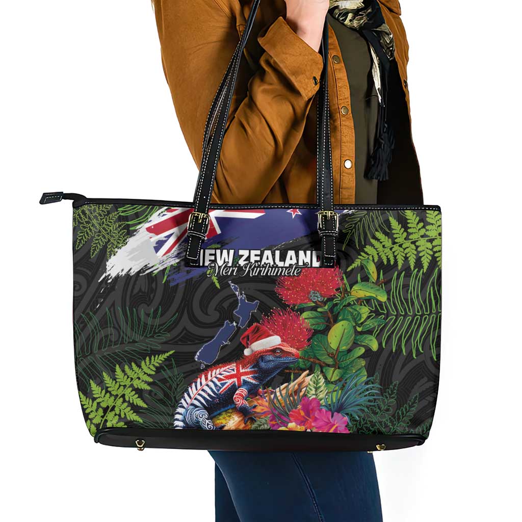 New Zealand Christmas Leather Tote Bag Meri Kirihimete-Tuatara and Pohutukawa Black Color