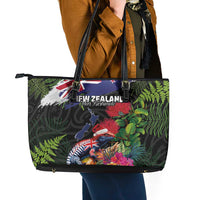 New Zealand Christmas Leather Tote Bag Meri Kirihimete-Tuatara and Pohutukawa Black Color