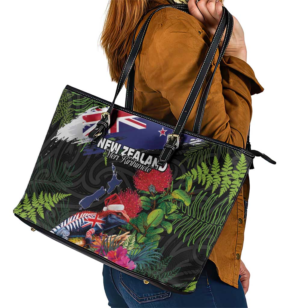 New Zealand Christmas Leather Tote Bag Meri Kirihimete-Tuatara and Pohutukawa Black Color