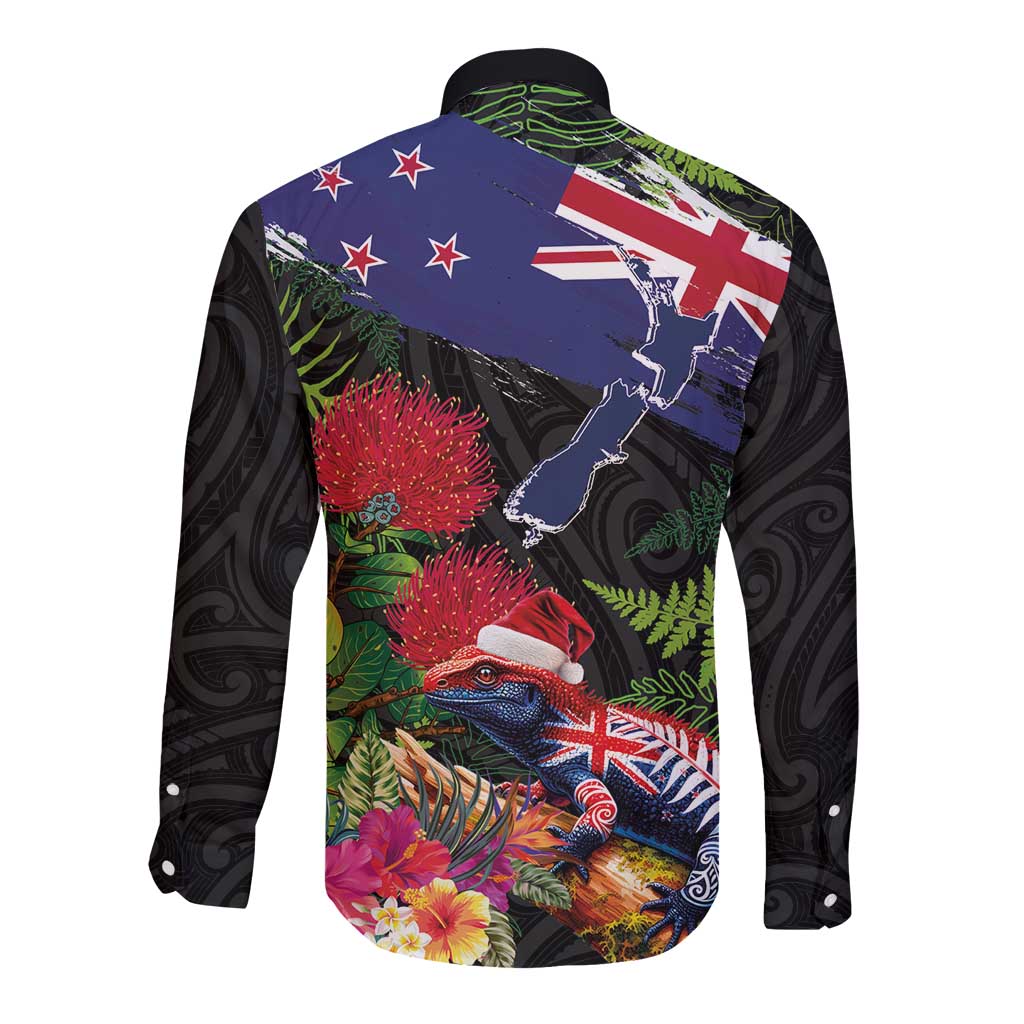 New Zealand Christmas Long Sleeve Button Shirt Meri Kirihimete-Tuatara and Pohutukawa Black Color