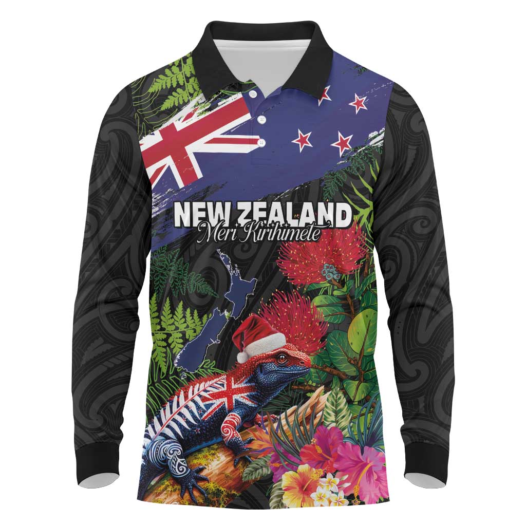 New Zealand Christmas Long Sleeve Polo Shirt Meri Kirihimete-Tuatara and Pohutukawa Black Color
