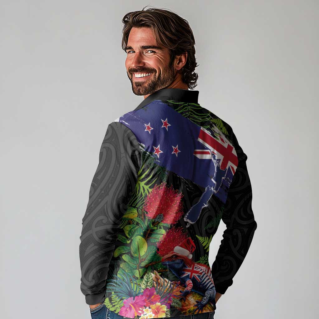 New Zealand Christmas Long Sleeve Polo Shirt Meri Kirihimete-Tuatara and Pohutukawa Black Color