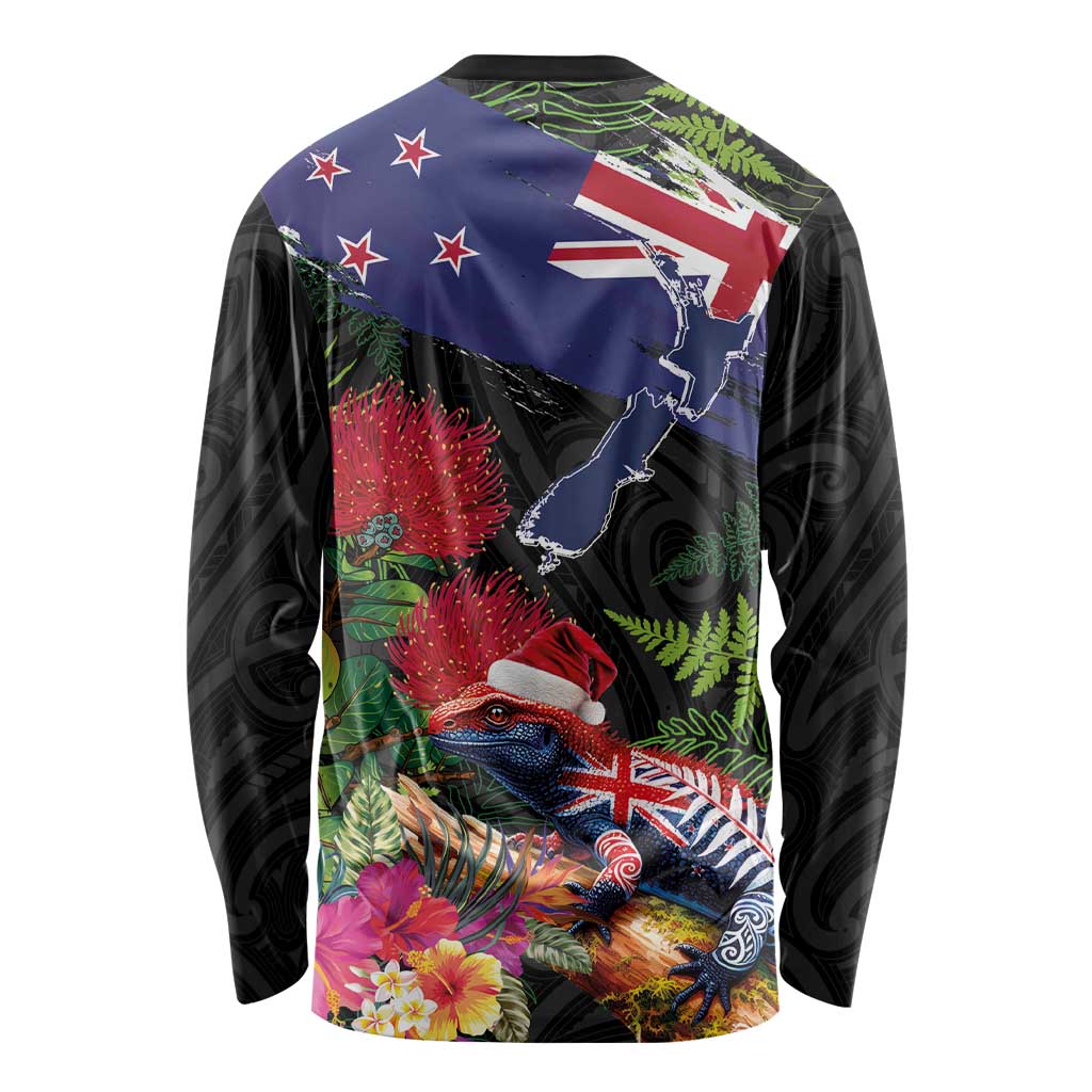 New Zealand Christmas Long Sleeve Shirt Meri Kirihimete-Tuatara and Pohutukawa Black Color