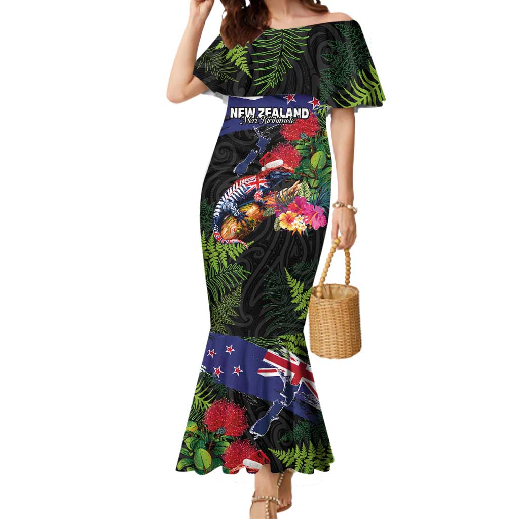 New Zealand Christmas Mermaid Dress Meri Kirihimete-Tuatara and Pohutukawa Black Color