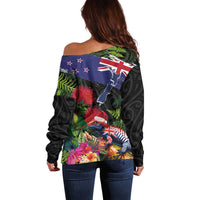 New Zealand Christmas Off Shoulder Sweater Meri Kirihimete-Tuatara and Pohutukawa Black Color