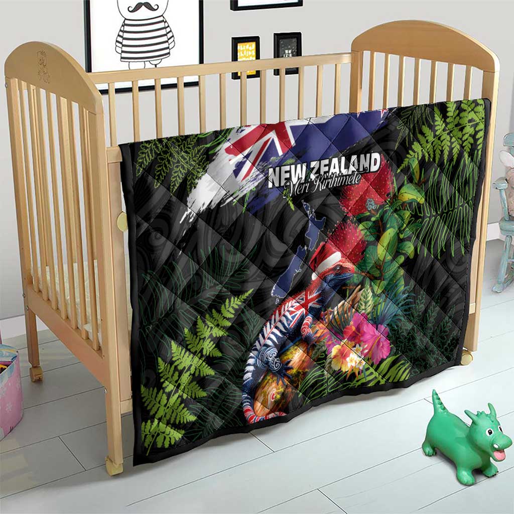 New Zealand Christmas Quilt Meri Kirihimete-Tuatara and Pohutukawa Black Color