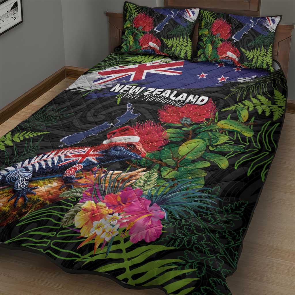 New Zealand Christmas Quilt Bed Set Meri Kirihimete-Tuatara and Pohutukawa Black Color