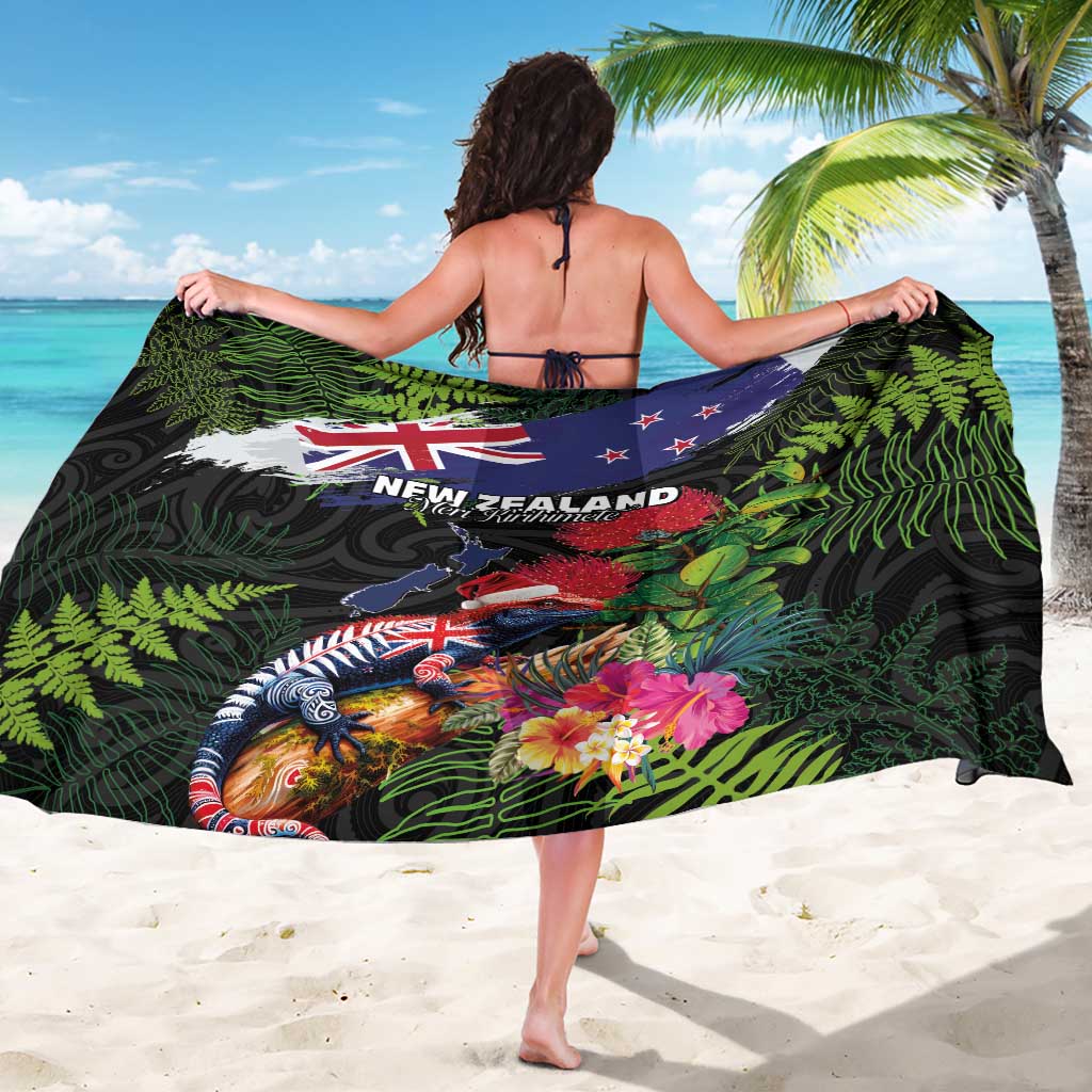 New Zealand Christmas Sarong Meri Kirihimete-Tuatara and Pohutukawa Black Color
