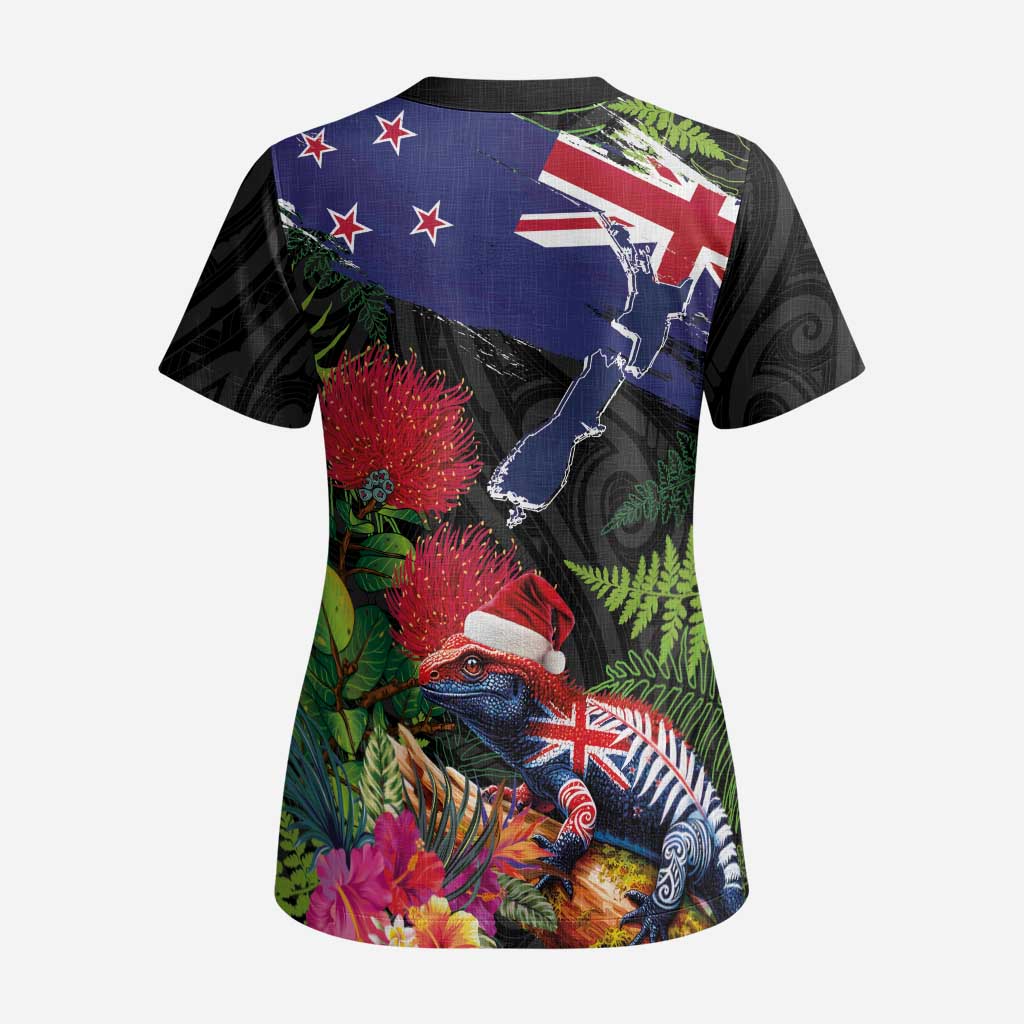 New Zealand Christmas Scrub Top Meri Kirihimete-Tuatara and Pohutukawa Black Color - Polynesian Pride